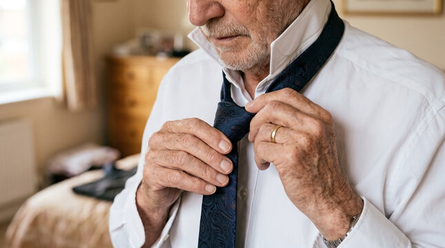 Senior hands tying tie, adjusting dark blue necktie on white collared shirt. Experienced man tying tie, showing precision for formal event preparation. Image ideal for mature style, tying tie guides.