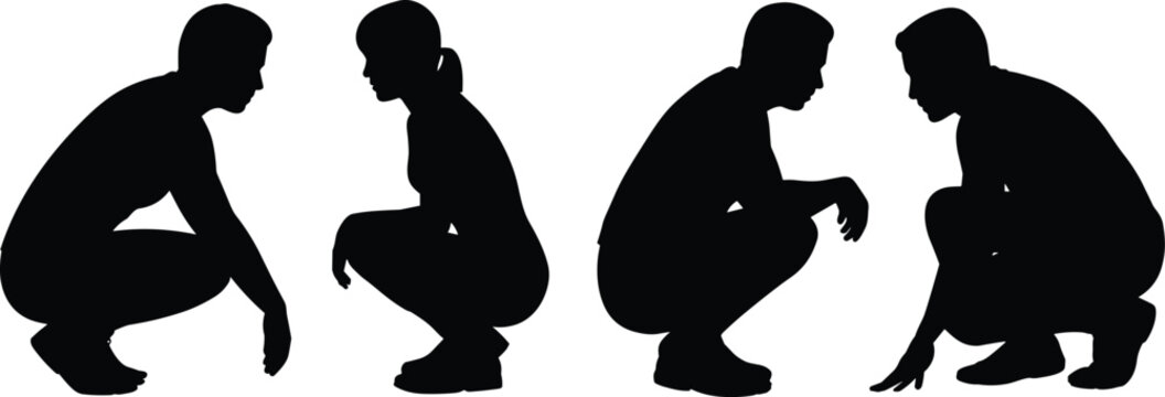 Squatting People Silhouette Collection with Male and Female Crouching Poses Isolated on White Background