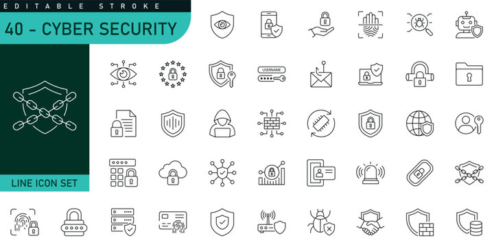 Cyber Security Line Icons Set. Editable Stroke Data Protection, Network Security, Privacy, Encryption, Firewall, Authentication Outline Vector Collection