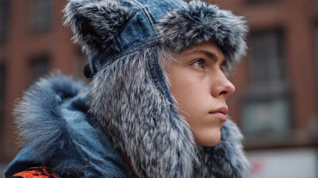 Stylish young woman wearing a cozy blue denim trapper hat with faux fur trim, looking thoughtfully into the distance on a city street