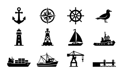 Nautical Icons Set: Anchor, Compass, Ship Wheel, Seagull, Lighthouse, Buoy, Sailboat, Tugboat, Cargo Ship, Fishing Boat, Crane, Pier Vector Graphics © Orpita
