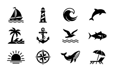 Obraz premium Nautical Icons Set, Marine Symbols Collection, Oceanography Elements, Beach Vacation Graphics, 12 Vector Graphics
