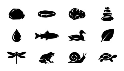 Fototapeta premium Nature Icons Set: Zen Stones, Water Drop, Fish, Duck, Leaf, Dragonfly, Frog, Snail, Turtle, Vector Graphics for Ecology and Wildlife Themes