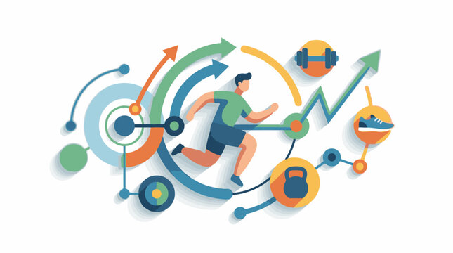 Abstract representation of a runner surrounded by fitness and progress indicators