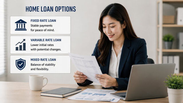 Home loan mortgage interest rate fixed rate variable rate mixed rate finance woman reviewing document beside laptop at office desk confident planning for home purchase