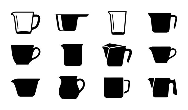 Set of 12 Black Silhouette Measuring Cups and Jugs, Kitchenware Vector Icons for Cooking and Baking, Simple Outline Graphics