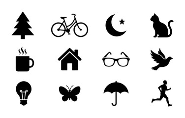 Fototapeta premium Simple Black Silhouette Icons Set: Tree, Bicycle, Moon, Cat, Coffee Cup, House, Glasses, Dove, Lightbulb, Butterfly, Umbrella, Runner