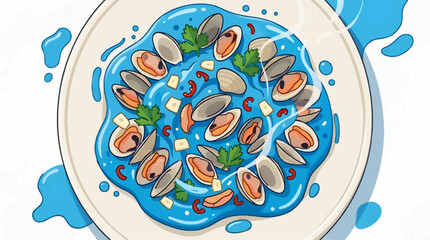 Steamed Cockles in Blue Sauce with Garlic and Parsley on a Plate, Flat Design Vector Illustration of Seafood Dish, High Angle Top View of Gourmet Shellfish Meal with Vibrant Graphic Style © Faisal