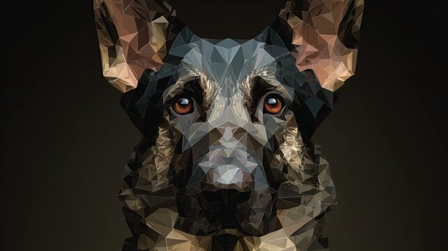 Geometric portrait of a german shepherd dog, polygonal art style, low poly design, animal close-up, modern digital illustration