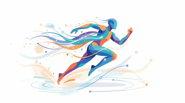 Abstract runner in motion with flowing colorful ribbons and splashes