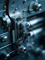 Fototapeta premium Detailed mechanical parts of an aircraft wing flap actuator mechanism in a soft studio setting showcasing precise engineering