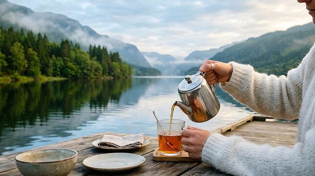 Woman pouring tea on a serene lake dock with mountains