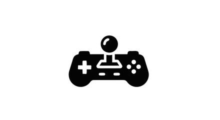 A minimalist black and white vector icon of a retro video game controller with a joystick and d-pad buttons for gaming and entertainment interface design © sastra