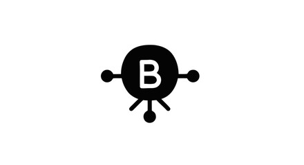 B-themed geometric logo icon featuring a central circle with radiating nodes, isolated black and white digital graphic symbol © sastra