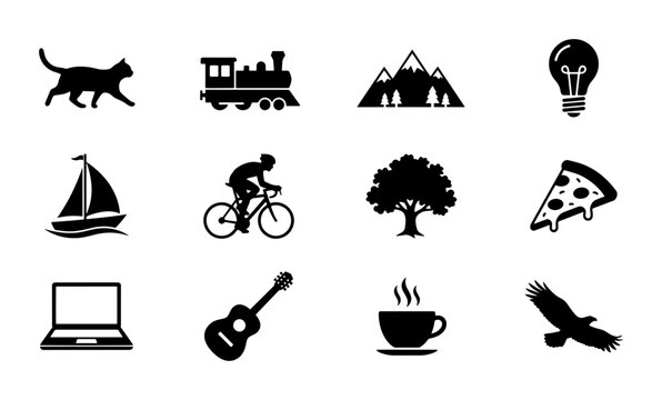 Diverse Icon Set: Cat, Train, Mountains, Lightbulb, Sailboat, Cyclist, Tree, Pizza, Laptop, Guitar, Coffee, Eagle Vector Graphics