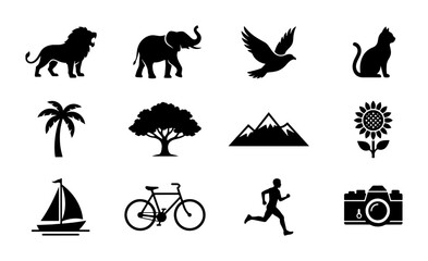Fototapeta premium Diverse Silhouette Icons Set: Animals, Nature, Sports, and Objects Vector Collection for Graphic Design and Web Use