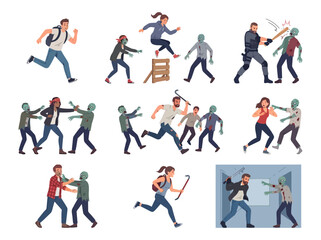 Fototapeta premium People fighting and running away from scary zombies in a survival horror set.
