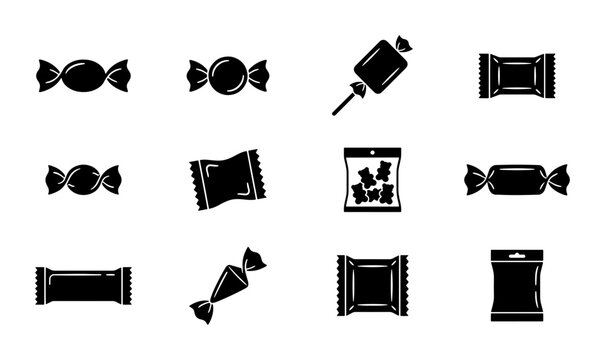 Candy Icons Set, Sweet Treats Vector Collection, Confectionery Packaging Graphics, Assorted Chocolate and Gummy Candy Symbols