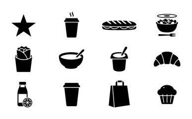 Fototapeta premium Food Icons Set, Vector Graphics for Restaurant Menus and Takeaway Services, Coffee Cups, Sandwiches, Salads, Pastries, and More