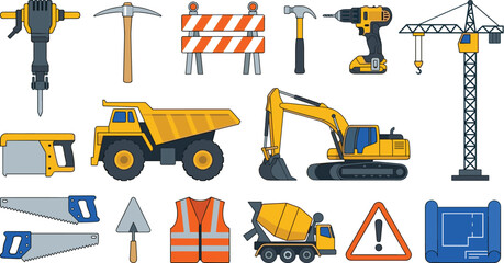 Heavy duty construction machinery, building industry equipment, and work safety color line icon set with excavators, dump trucks, hand tools, and architectural project blueprints. © Mehedi