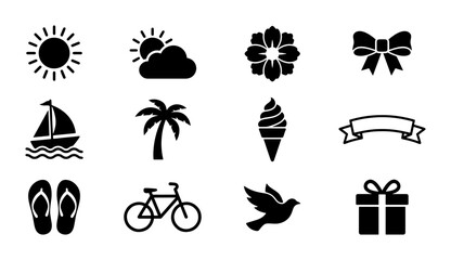 Summer Icons Set, 12 Vector Graphics for Beach, Travel, and Celebration Themes, Black and White Simple Symbols © Mahin