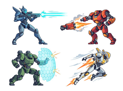 Four distinct futuristic combat robots in dynamic action poses.