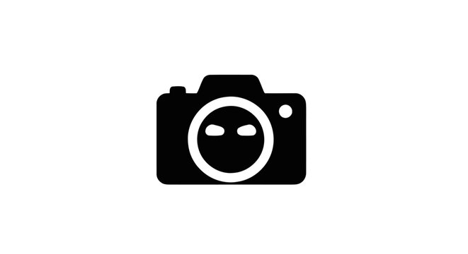 Black silhouette of a photo camera icon with a hidden spy face inside the lens on a white background