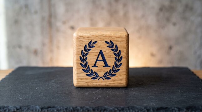Wooden cube with the letter a engraved inside a laurel wreath, placed on a dark slate surface against a textured concrete wall