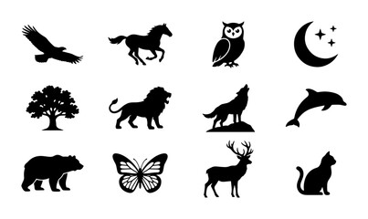 Obraz premium Silhouette Animal Icons Collection, Wildlife and Nature Vector Graphics, Mammal and Bird Silhouettes for Design Projects
