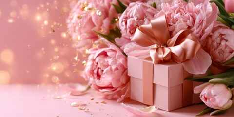 Fototapeta premium Soft pink peonies surround a gift box with a ribbon, set against a dreamy background with golden bokeh sparkles and falling petals.