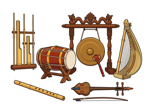 A collection of traditional Indonesian musical instruments including a gong and drums.