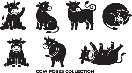Obraz premium Black cow poses collection, cow illustrations, animal icons, vector graphics isolated on Transparent Background