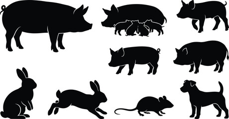 Collection of farm animal silhouettes including pigs, rabbits, mouse, and dog isolated on white background for educational and design use © Sohel