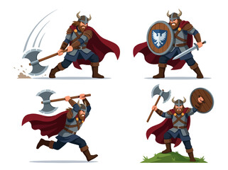 Fototapeta premium A collection of four dynamic Viking warrior characters in various battle poses.