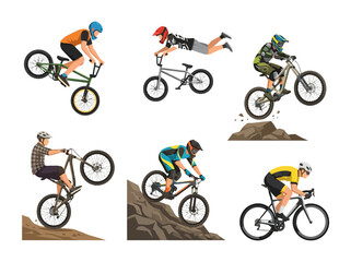 Obraz premium A collection of diverse cyclists performing various mountain biking and BMX stunts and riding techniques.