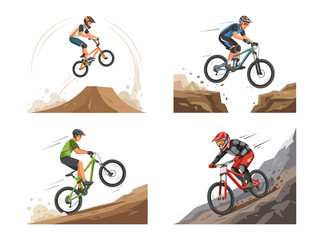 Fototapeta premium Four distinct illustrations of cyclists performing various mountain biking and BMX stunts and riding maneuvers.