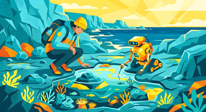 Artificial intelligence robot and hiker exploring summer tide pools