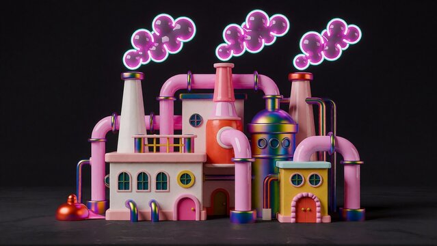 Colorful toy factory with smoke. 3D rendered industrial plant with vibrant pipes.