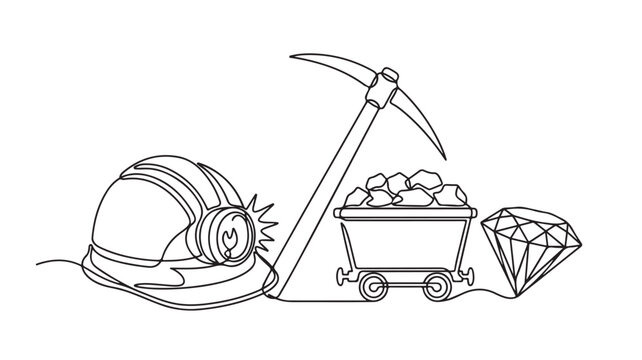 Mining equipment illustration with pickaxe, helmet, cart, rocks, and diamond on white background for business projects