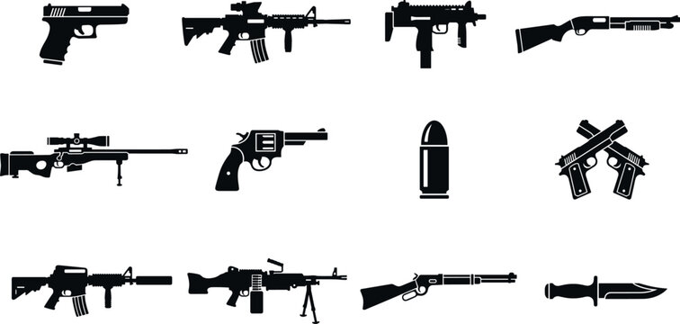 Military Firearms and Tactical Weapons Silhouette Icon Set with Rifles Pistols Shotguns Sniper Scopes Ammunition and Combat Knives for Video Games and Defense Security Apps