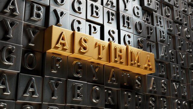 Asthma - text on Movable type printing.3D rendering.