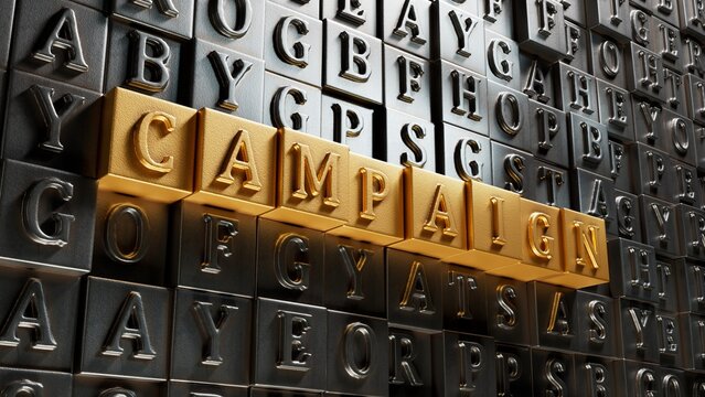 The hand puts a Movable type printing with sign campaign. The word is written on Movable type printing.close up of Movable type printing,Business Concept.3D rendering.
