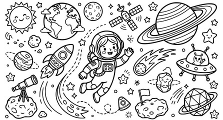 Adorable Astronaut and Space Adventure Outline Coloring Page Vector for Children © Asif