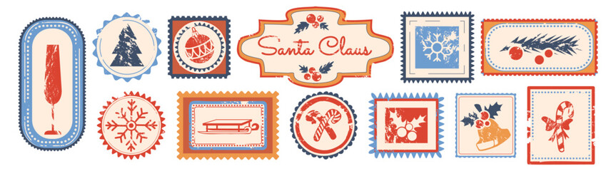 Fototapeta premium Vintage Christmas stamps with Santa Claus border, vector festive postage design. Holiday postcard ink mark frames with retro winter motifs, color rubber imprint texture, sleigh, snowflakes, xmas tree