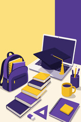 Fototapeta premium Graduate Cap And Laptop Desk Vector University Poster