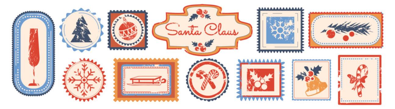 Vintage Christmas stamps with Santa Claus border, vector festive postage design. Holiday postcard ink mark frames with retro winter motifs, color rubber imprint texture, sleigh, snowflakes, xmas tree