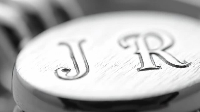Close-up of elegant engraved initials JR on a shiny metallic surface