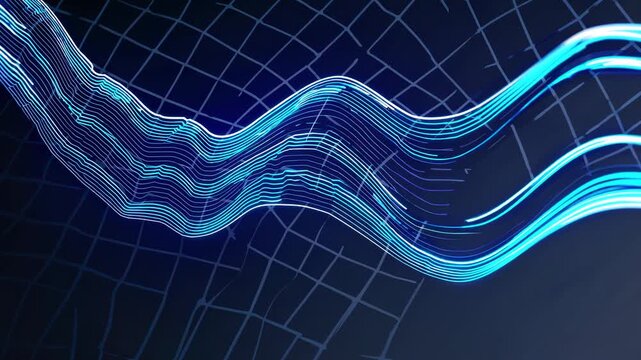Blue glowing wave lines flow smoothly across a dark grid background, creating a dynamic visual effect with a sense of movement and energy throughout the frames