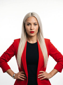 Determined Marketing Executive with Bold Red Lip