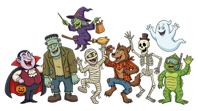 Halloween design collection featuring monsters and creatures dancing together